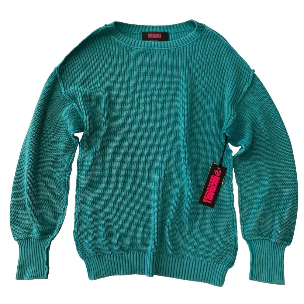 NWT Rock & Roll Denim Reversible Rib Knit Sweater Turquoise Women’s Medium